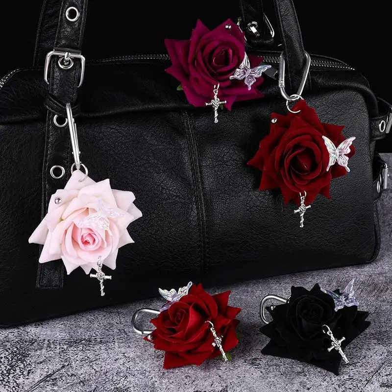 Exquisite Design Simulation Rose Flower Shape Butterfly Keychain Pendant Bag Decoration Gift
