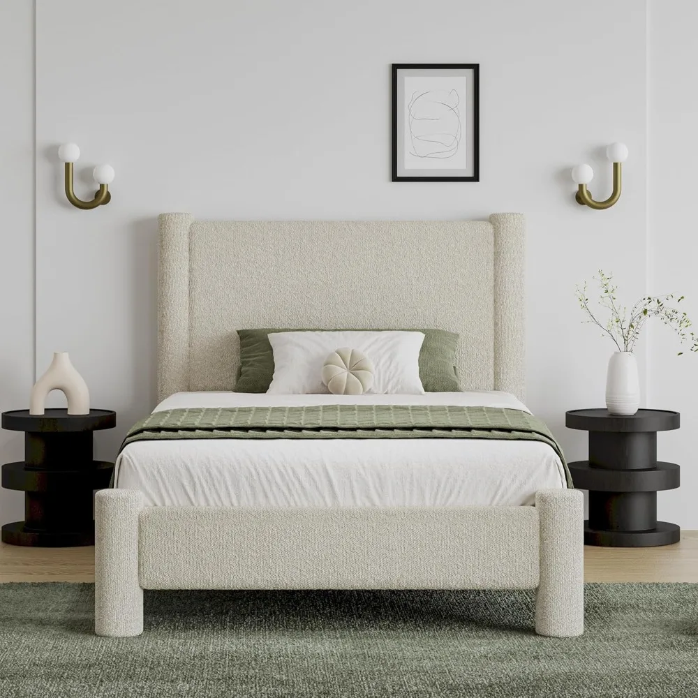 

Upholstered Platform Bed with Headboard and Soft Rounded Corners, No Box Spring Required, Easy Assembly, Cream