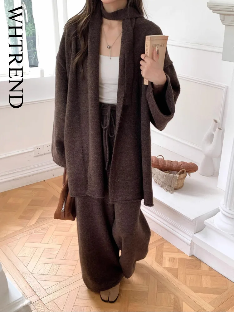 

WHTREND Casual Style Knitted Cardigan + Long Wide Leg Drawstring Pants 2025 Autumn Winter New WH2071