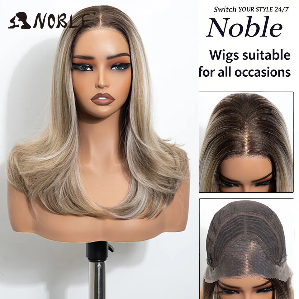 Noble 16-Zoll-Bob-Synthetikperücke mit Lace-Front, 13x3, vorgezupft, freier Scheitel, Ombre Braun-Blond, hitzebeständige Cosplay-Perücke für Damen – Detail 7