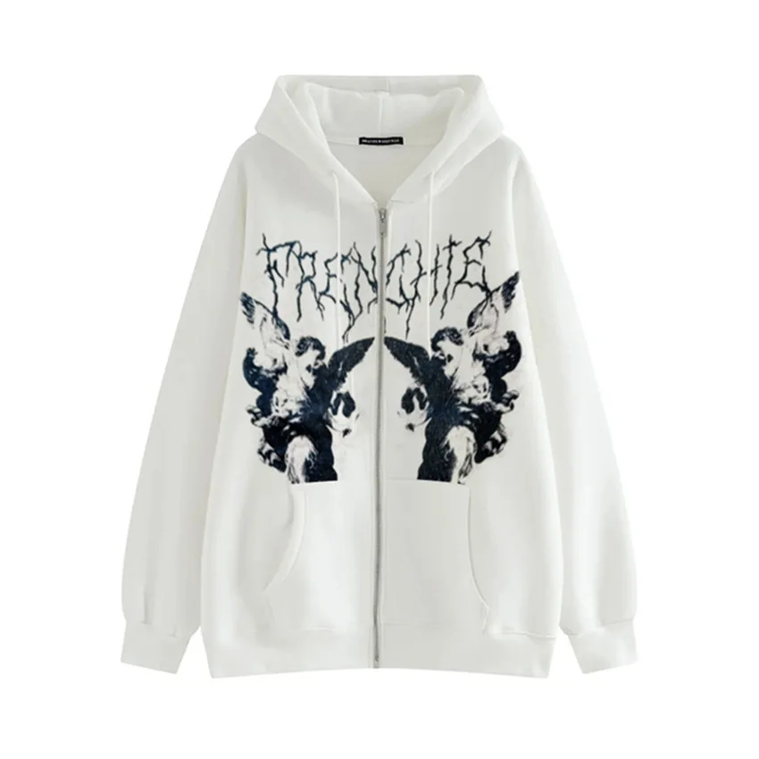 

2025 Cardigan Trendy Cotton Long Straight Cut Fit Vintage Angel Print Autumn Gothic Grunge Streetwear Hoodie Street Open