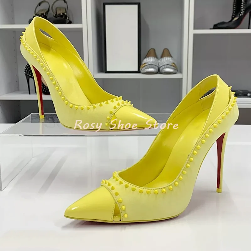 

Women's Lemon Yellow Rivet Design Pointed Toe High Heels Shallow Mouth Back Bag Heel Hollow Slip On Stilettos Elegant Dress Shoe