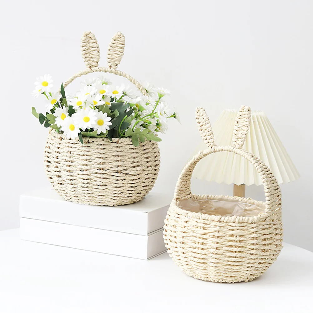 

Woven Bunny Paper Rope Basket Handheld Storage Waterproof Portable Ear Design Lightweight Home Decor Storage