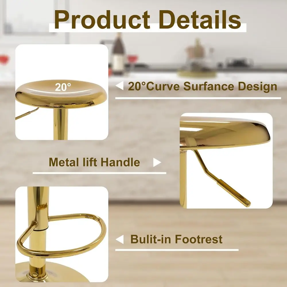 2er-Set höhenverstellbare drehbare Barhocker, modernes Metalldesign, rückenfrei für Kücheninsel oder Pub, Gold