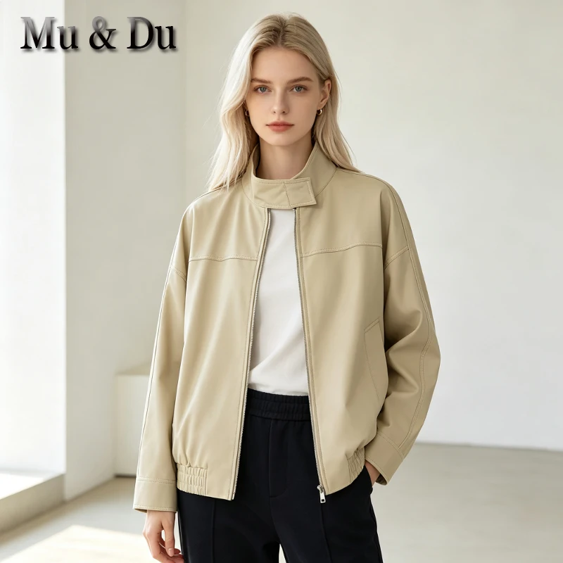 Leather Jacket For Women's Elegant Stand Collar Faux Leather Jacket Zip Up Long Sleeve Casual Bomber Jacket Oversize Y2k Top
