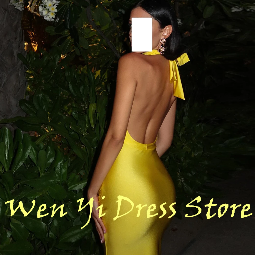 Classic Solid Yellow Color Satin Pleats Evening Dress Sexy Halter V-Neck Side Slit Straight Floor Length Sleeveless Custom Made