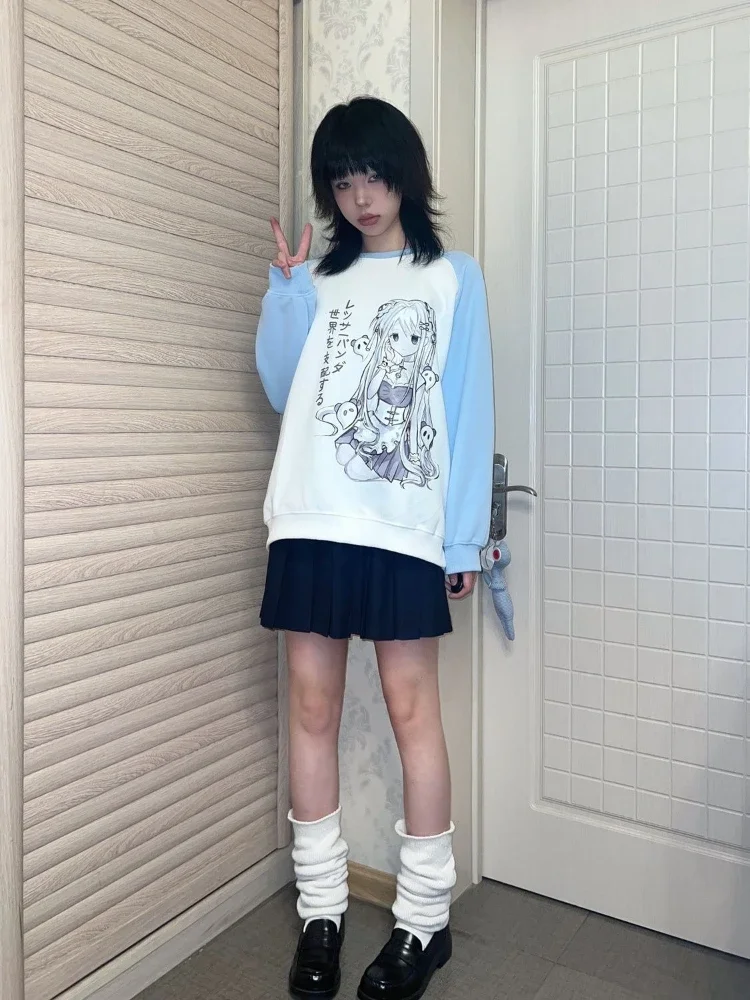 

Japanese Cartoon Print Hoodie Women 2025, Y2K Grunge Patchwork Sweatshirt, Loose Fit Casual Pullover