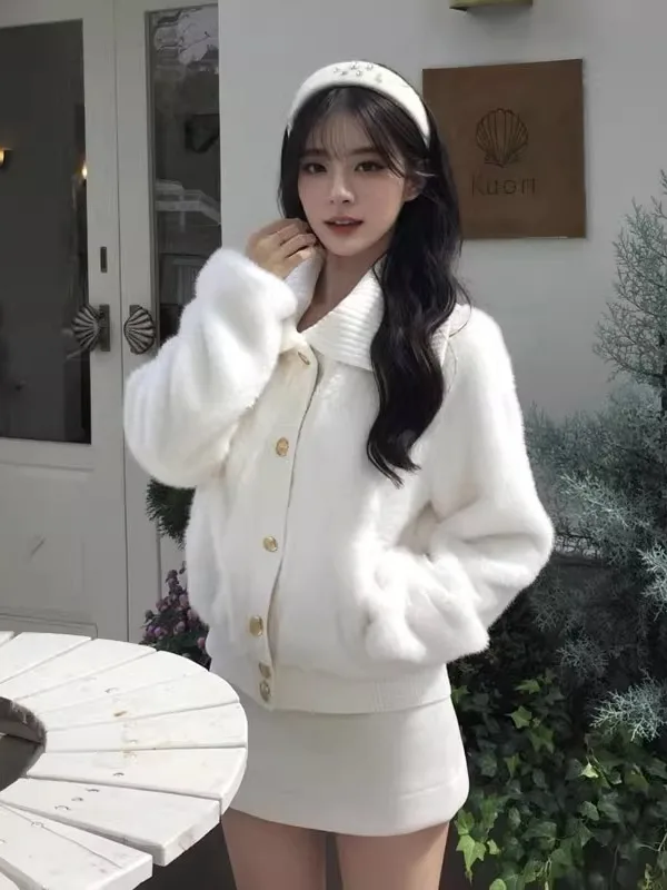 

Chic ort Outerwear French Sle Button up Stand Collar Fluffy Soft Spring Women's Coat Ele Unique mat Design