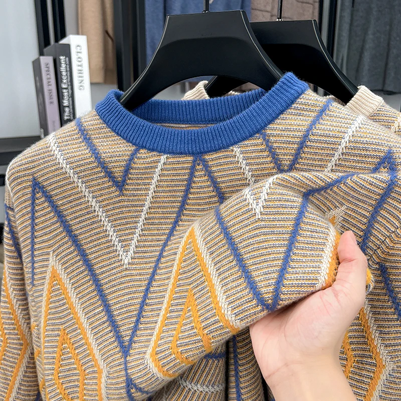 

Real 100% Sheep Wool Jumper New Trendy Arygle Autumn Winter Cashmere Wool Sweater Men Fashion Plaid Soft Warm Knit Clothes