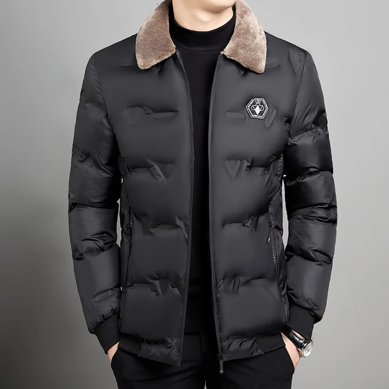 

Men's Thiened Cotton Jaet with Warm Fur Collar Loose Fit Turn-down Collar Workwear Coat Long Sve Busin Casual Sle