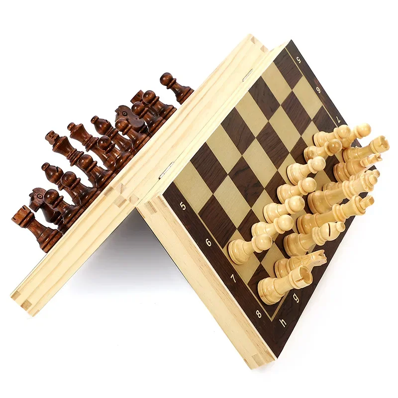 Wooden Chess Set Folding Magnetic Large Board With 34 Chess Pieces Interior Storage Portable Travel Leisure Game For Kids Adult