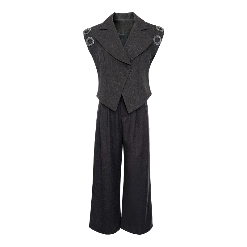 Elegant Blazer Vest Suit Set 2026 Autumn Metal Ring Buckle Vest Top+ High Waist Wide Leg Pants Office Lady 2 Piece Outfits DM3CS view 6