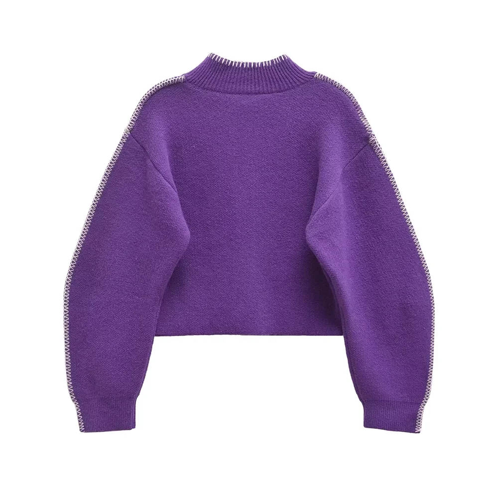 Women's new autumn and winter product purple high neck long sleeved versatile knitted cardigan sweater jacket