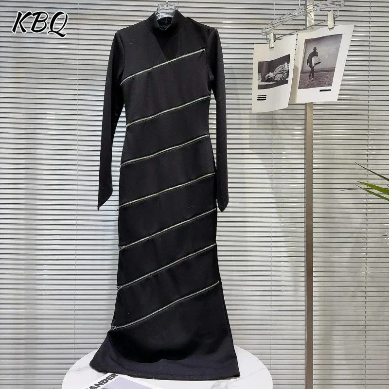 

KBQ Solid Spliced Zippers Slimming Chic Dresses For Women Turtleneck Long Sleeve Temperament Tunic Dress Female Fashion Spring