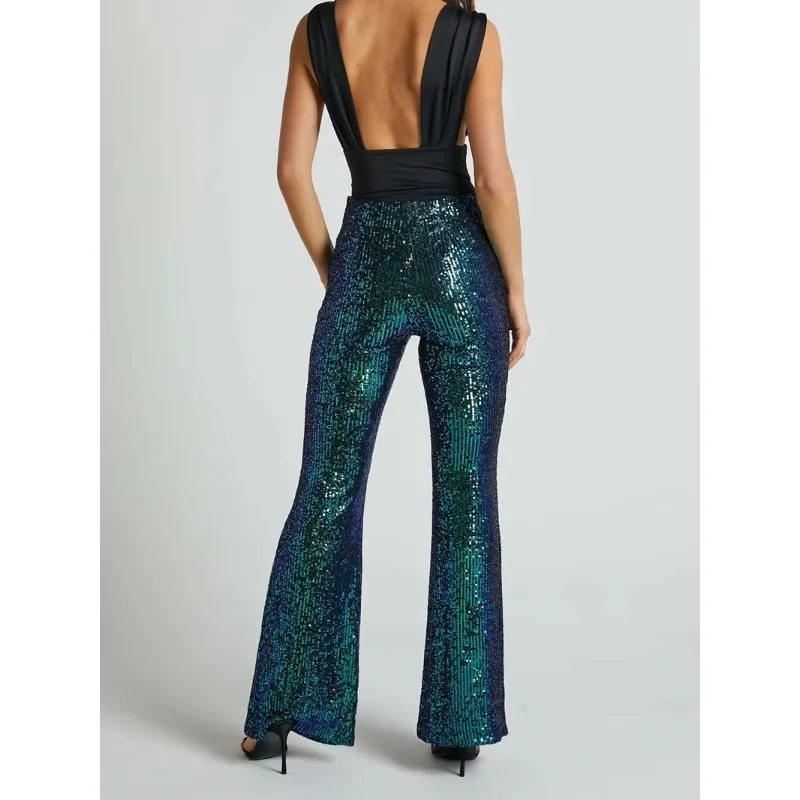 New Women Flared Long Pants 2026 Fashion Sequined High Waist Trousers Party Club Chic Sparkling Pants Female Slim Trousers