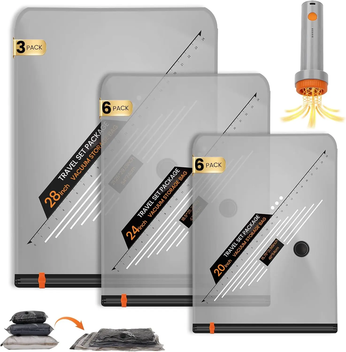 

Вакуумные пакеты для хранения с перезаряжаемым беспроводным насосом - 15 штук, дорожные пакеты для хранения, набор для организации вещей в путешествиях и дома