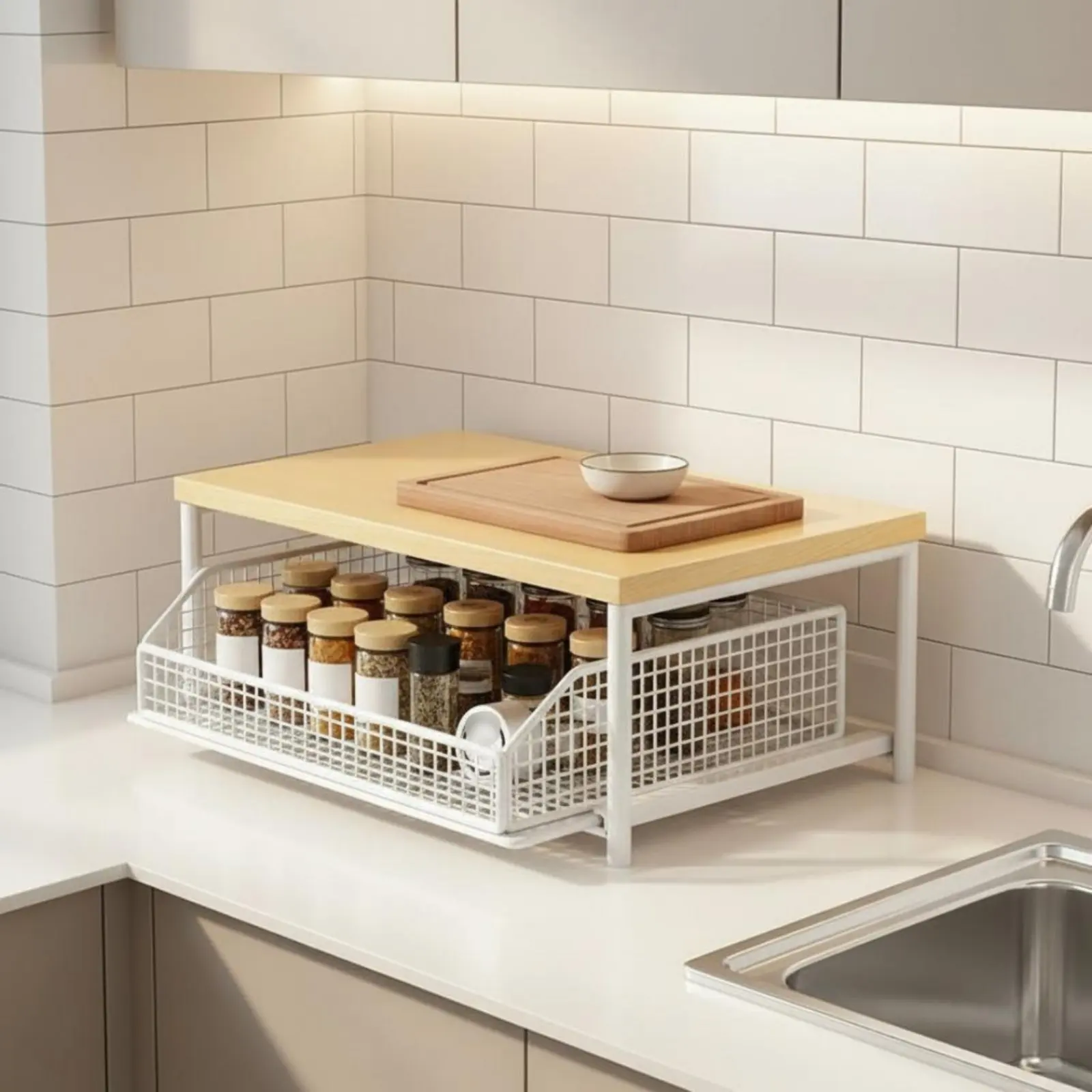 2-Tier Kitchen Counter Rack Versatile Countertop Appliance Riser Microwave Oven Stand with Drawer Sturdy Construction