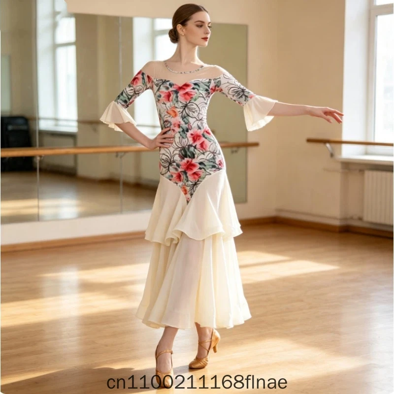 New Latin Dance Dress with Lotus Leaf Horn Sleeve Tower Skirt Modern Dance Dress 2119 Social Dance Practice Dress