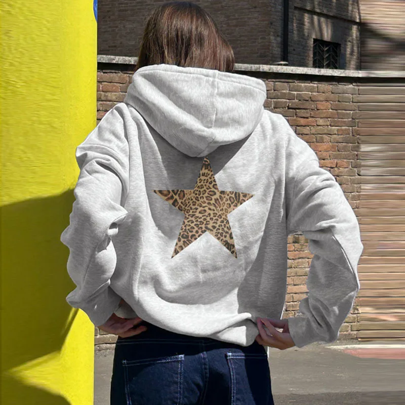 Sifreyr Leopard Five-pointed Star Print Design Hoodie Long Sleeve Loose Hooded Autumn And Winter Basic Pullover Sweatshirt