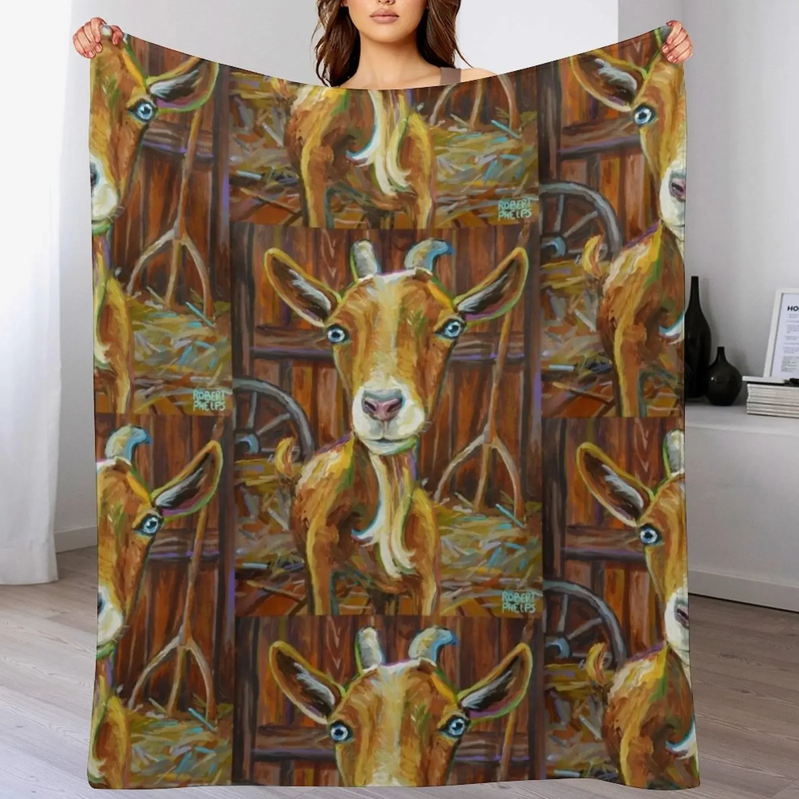 Golden Goat in Barn by Robert Phelps Throw Blanket Ultra Plush Cozy Blanket for Napping Sleeping