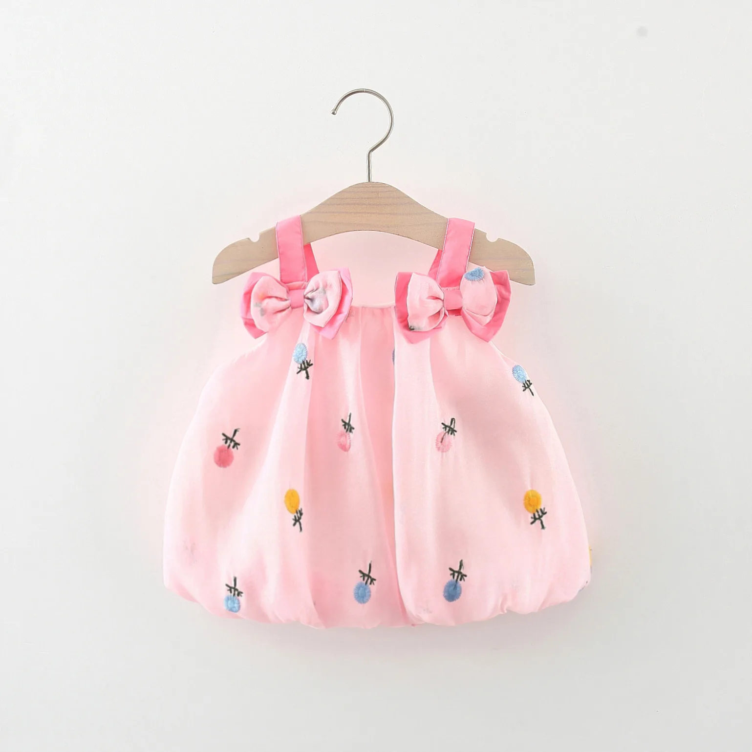 Summer girl\'s dress baby girl double bow suspender flower embroidered mesh fluffy dress children\'s dress