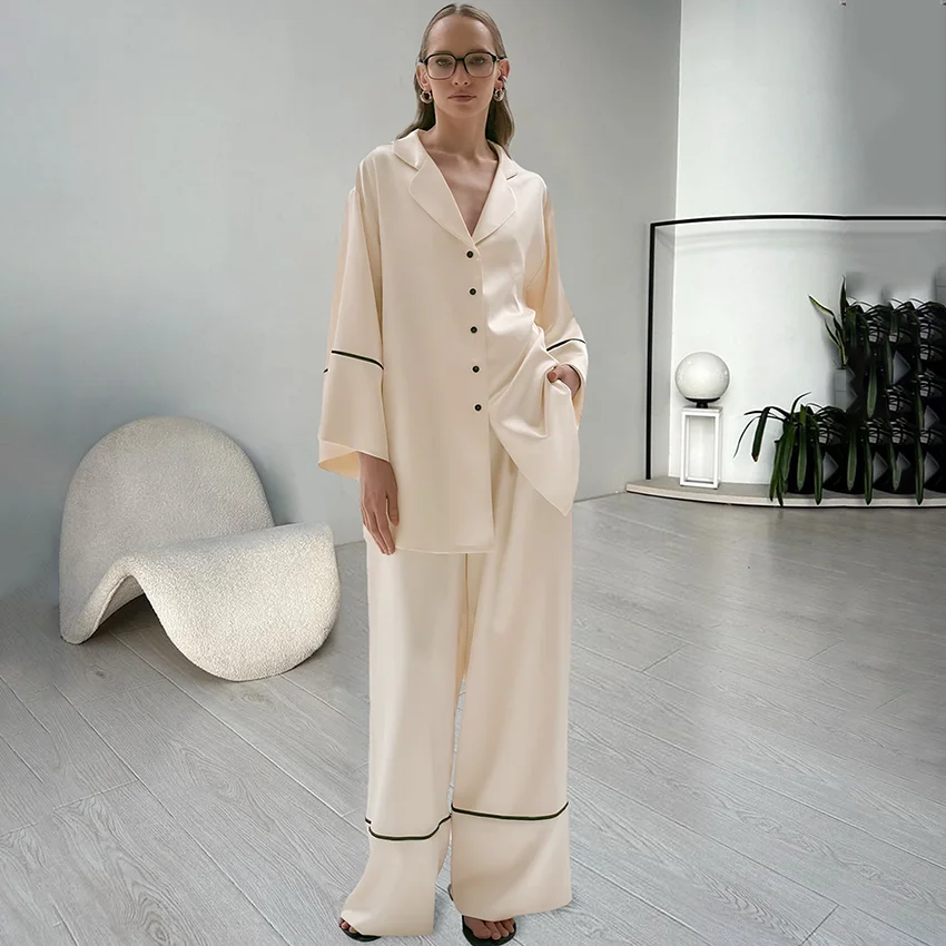 

HiLoc Elegant Satin Loose Long Pants Suits Women 2025 Autumn Long Sleeve Blouse And High Waist Pants 2 Piece Sets Casual Outfits