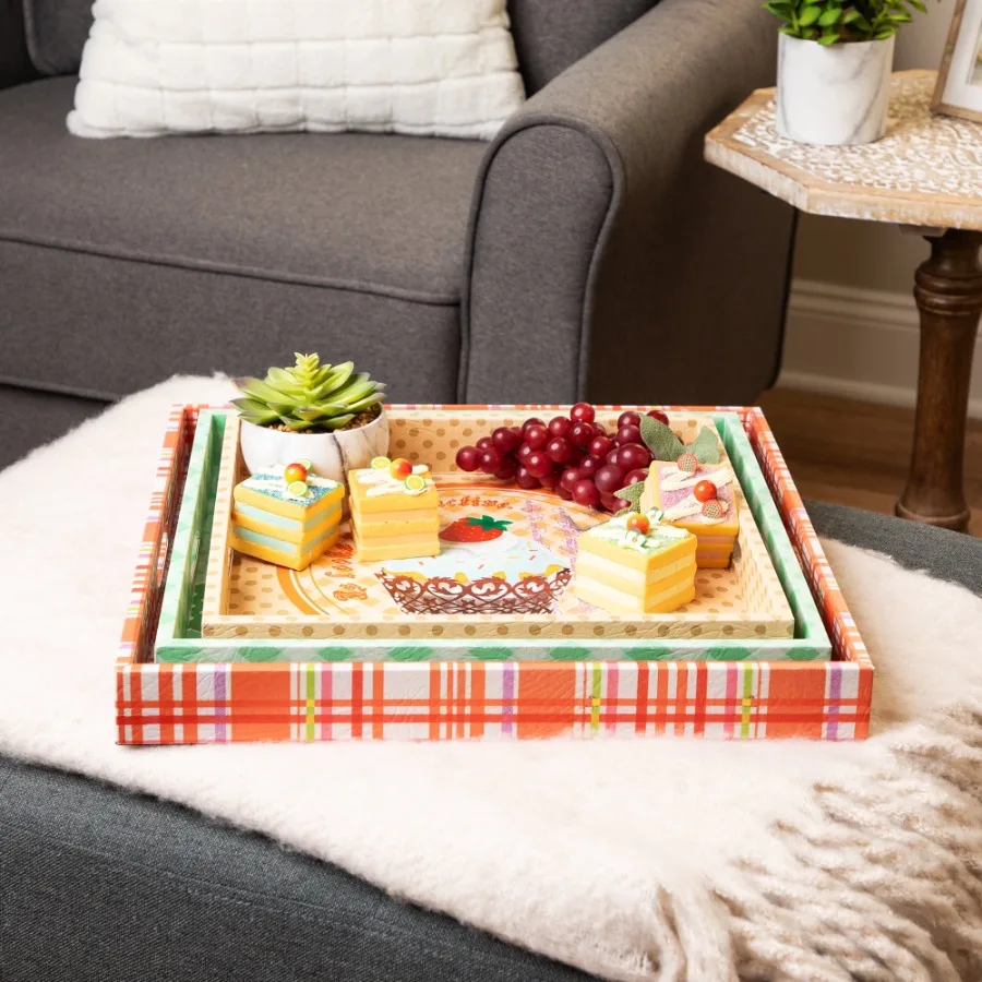 

Set of 3 Cupcake Theme Square Wooden Serving Trays 16 - Green Brown