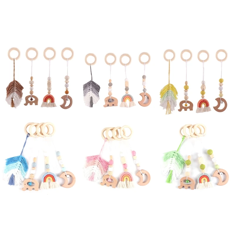 4pcs 신생아 나무 딸랑이 Teether 아기 놀이 체육관 감각 장난감 매달려 장식 방 장식 생일 샤워 D5QA