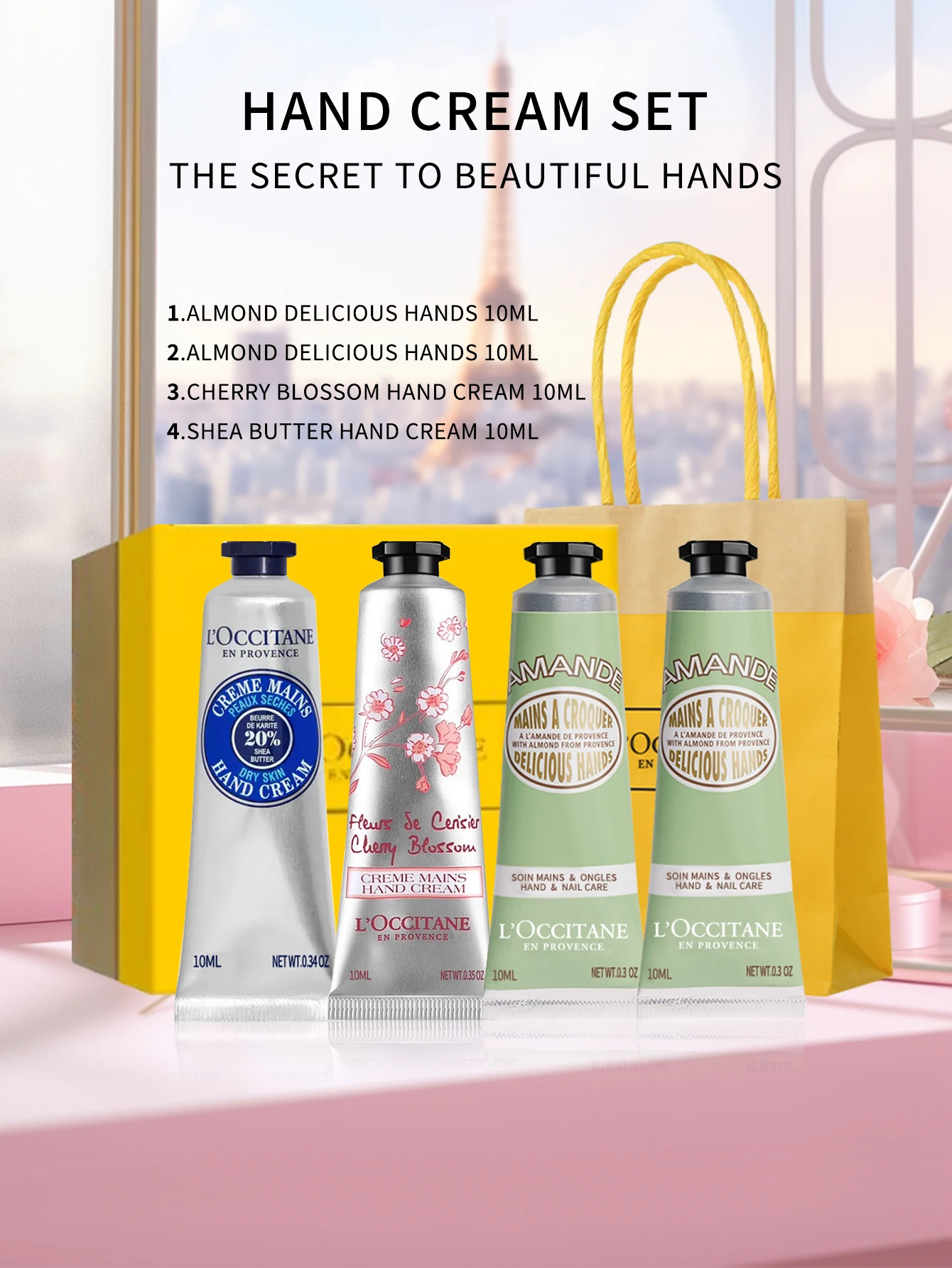 L\'Occitane en Provence Mini Hand Cream  4-Piece Set 10ml*4（Shea Butter, Almond, Cherry Blossom Iconic Scents）