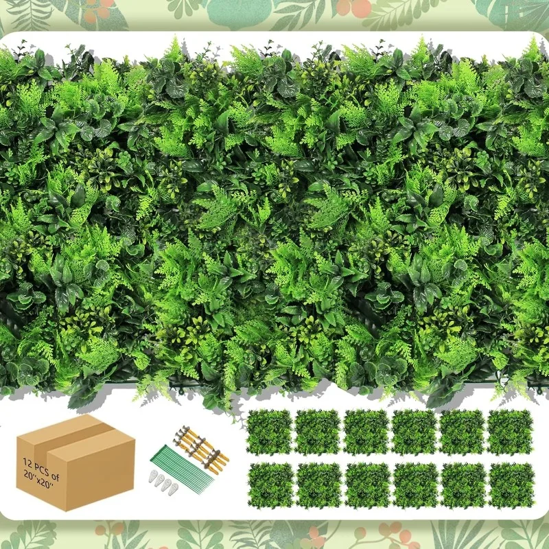 

12PCS 20"x20" Artificial Plant Wall Panels, Foliage Topiary Hedges Panels, Plastic Faux Shrubs Fence Mat, Greenery Wall Backdrop