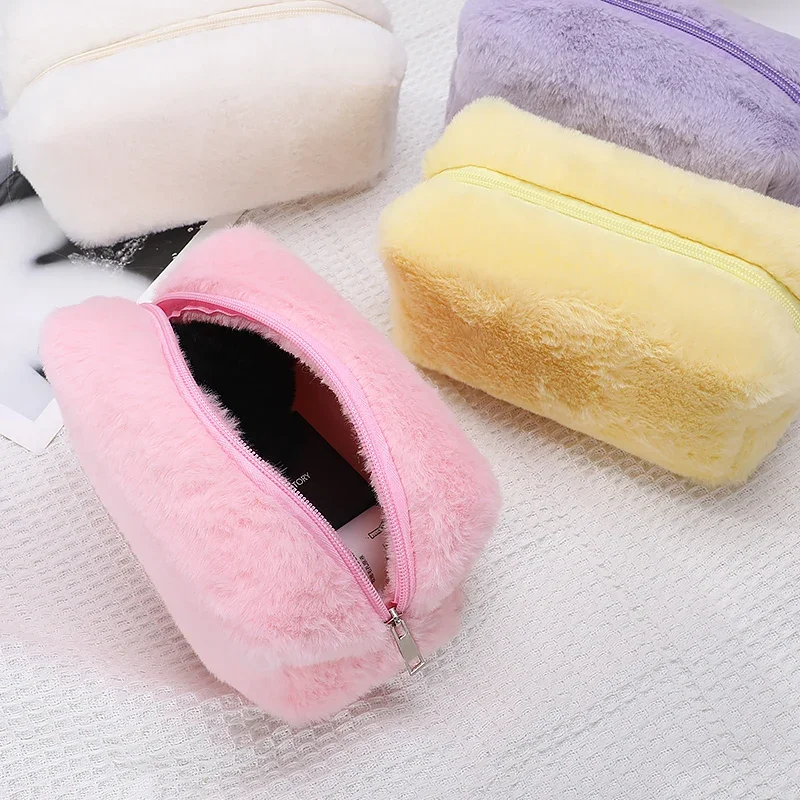 Plush cosmetic bag macaron color cosmetic bag, sweet large capacity storage bag, portable pencil bag, men and women