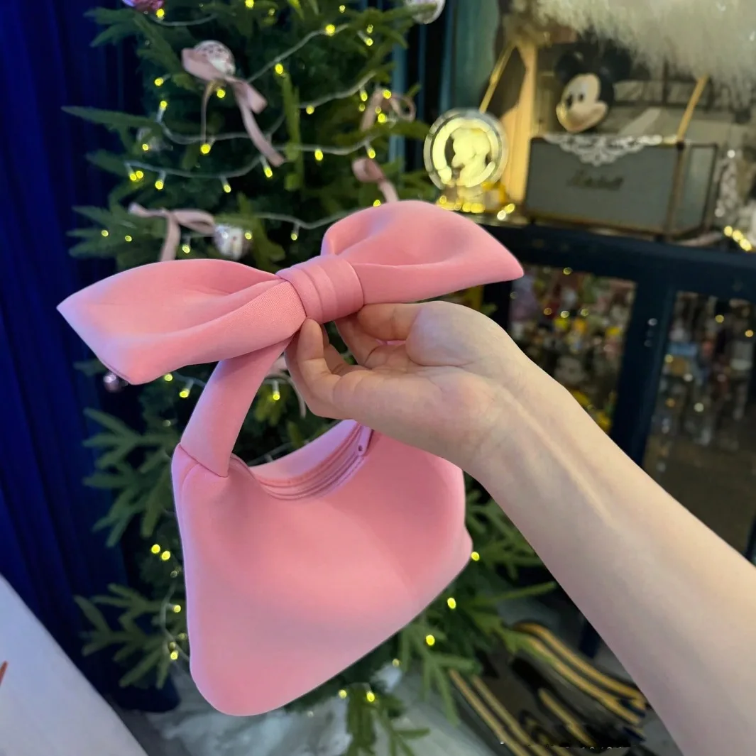 Seasonal New Heart Pink Cloud Cute Mini Texture Niche Clutch Bags Exquisite Fashion Generous Bow Handbag Simple Girl