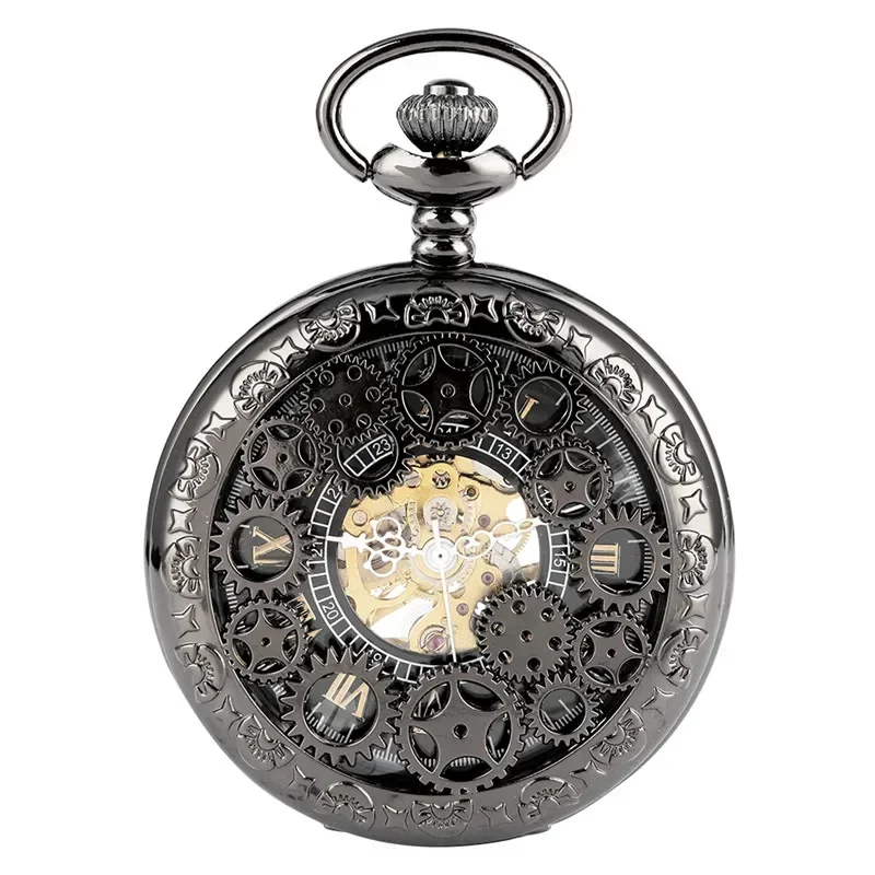 Classic Men Women Hand-winding Mechanical Pocket Watch Hollow Out Gear Case Skeleton Clock with Pendant Chain Roman Number Dial