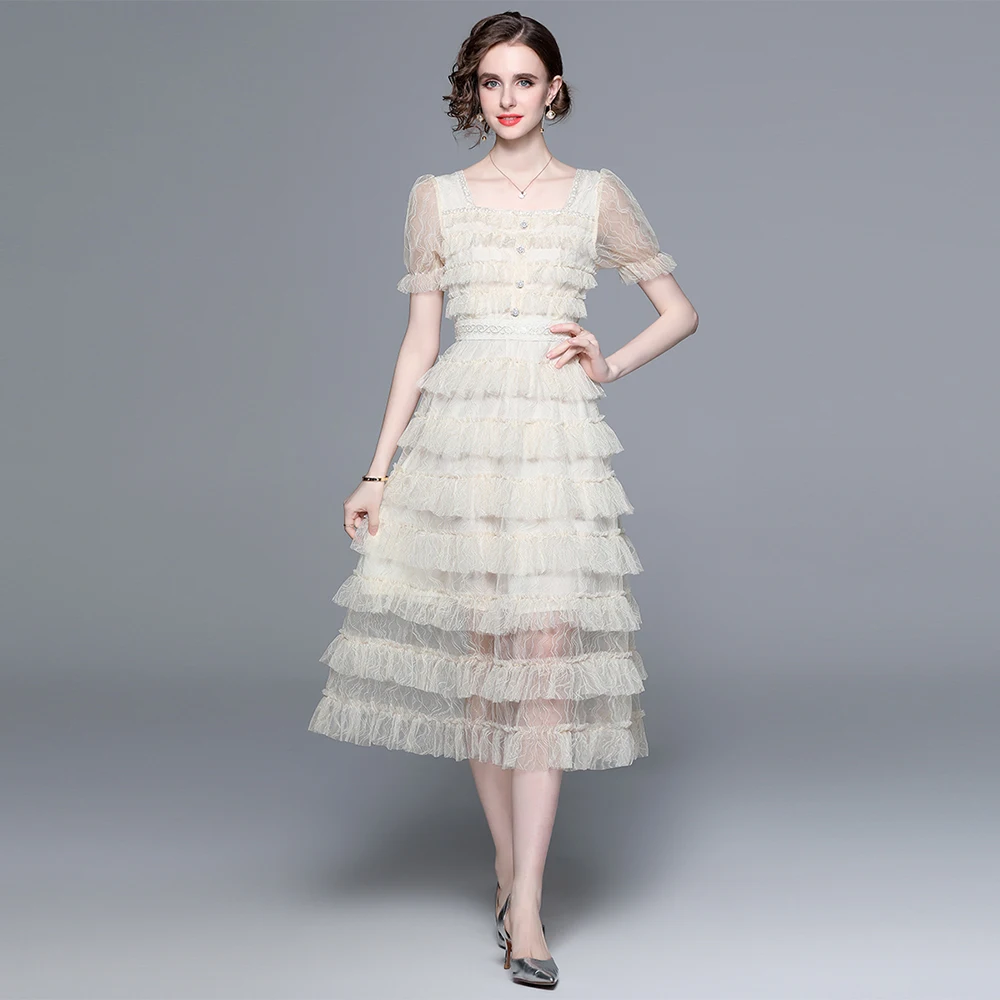 

Lace Dresses For Women 2023 Summer Runway Fashion Elegant High Quality Puff Sleeve Lace Layer Cascading Classy Dress