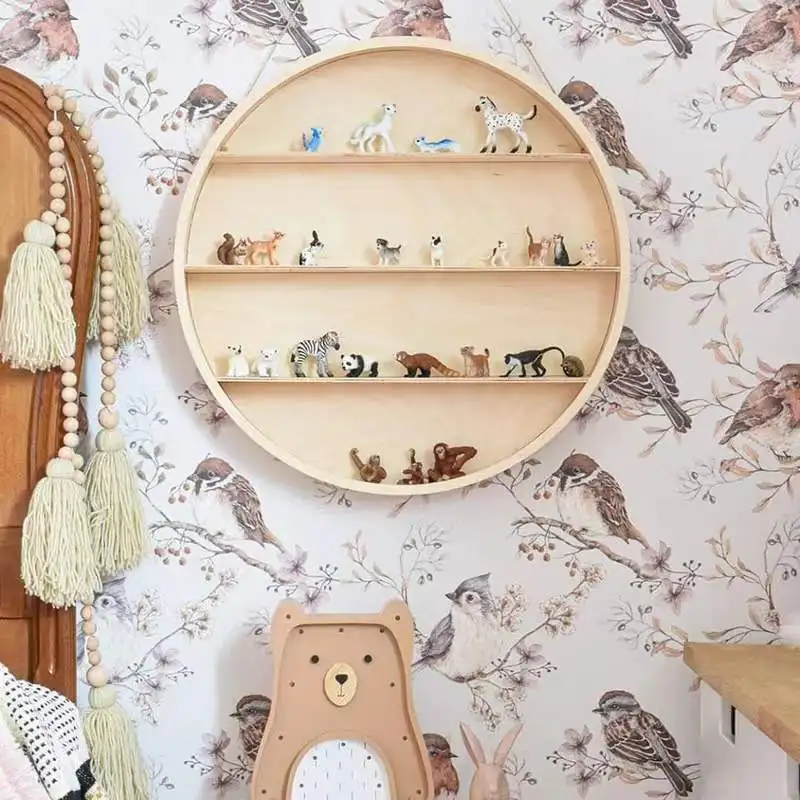Front view of light brown 4-layer circular wooden shelf rack