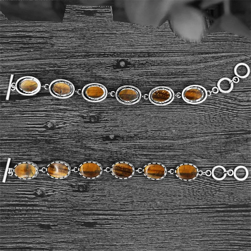 Natural Tigers Eye Bracelet For Women Vintage Flower Strand Bracelet Antique Silver Plated Fashion Jewelry
