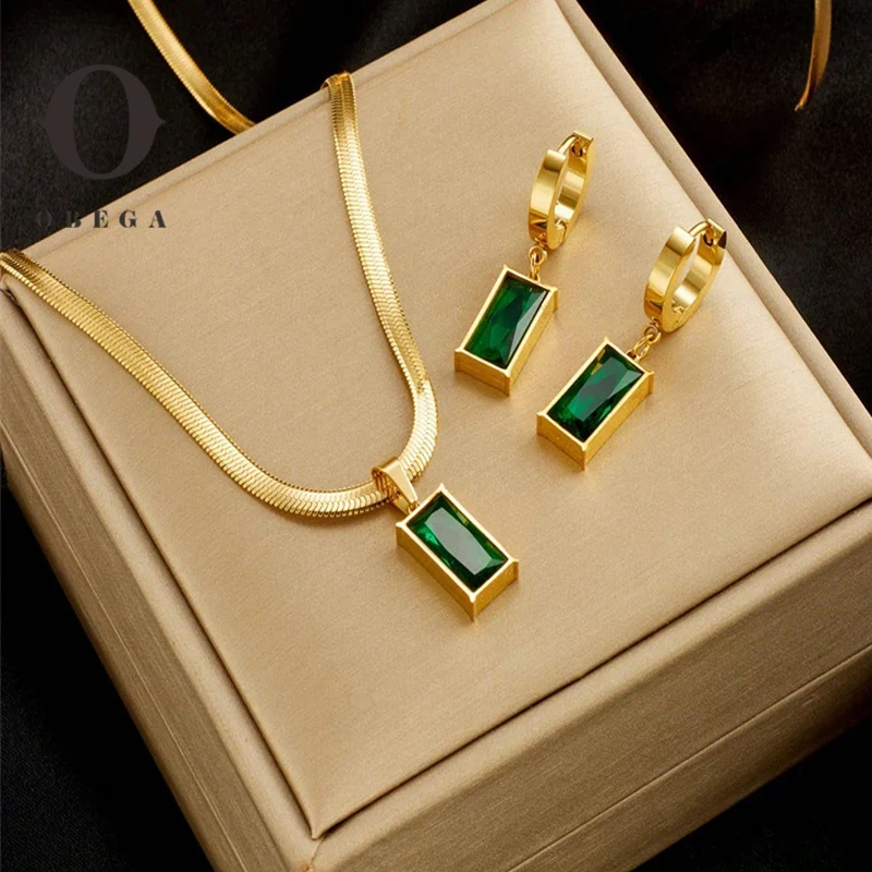 Obega 2 PCS Jewelry Set Rectangle Green Cubic Zircon Pendant Necklace Hoop Earrings For Women Exquisite Gold Color Color Jewelry