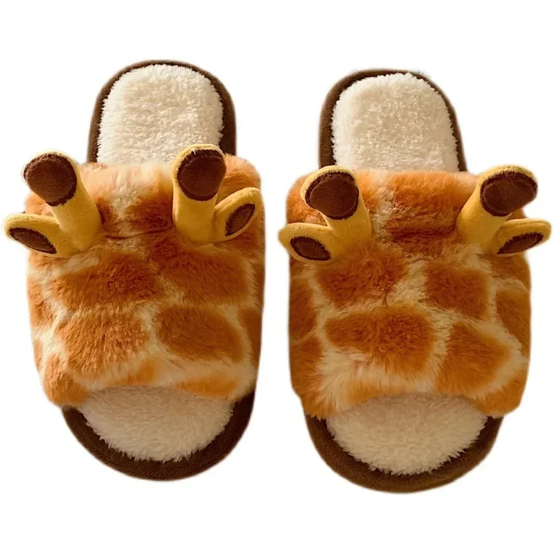 Shoes Women Winter Indoor Warm Cotton Closed Toe Slippers Home Cartoon Giraffe Plush One-word Slippers Chinelos Planos 2024