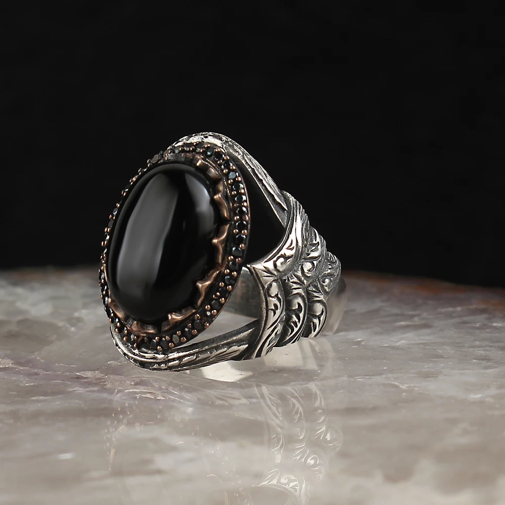 

Onyx Stone Pen İşçilikli 925 Sterling Mens Silver Ring