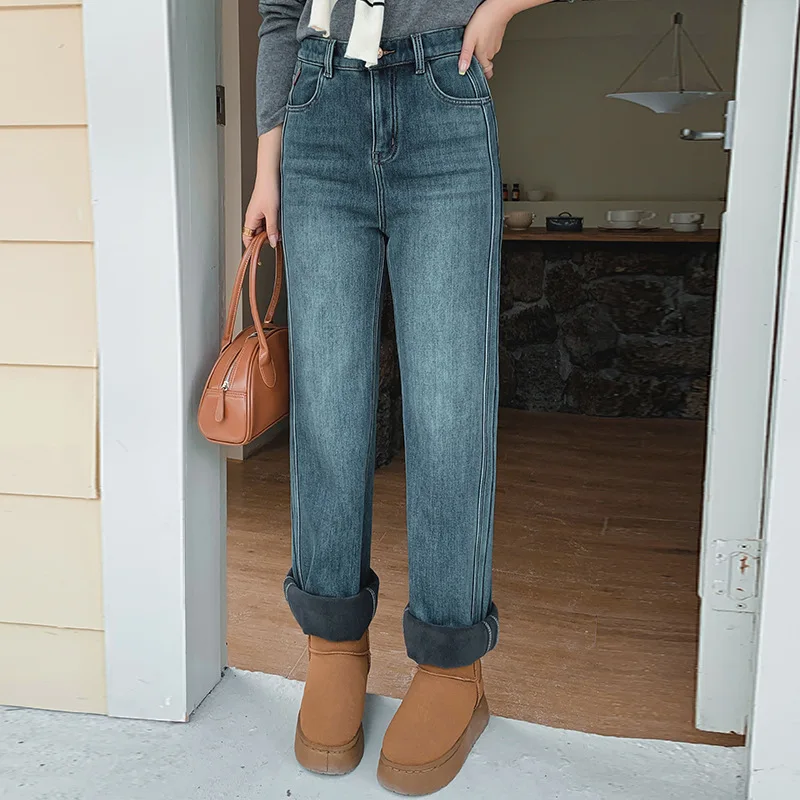 

plus Size Women's Retro Denim Jeans Straight Leg Slimming Pants Fce Lined Thiened Long Trousers Winter High Waist Straig...