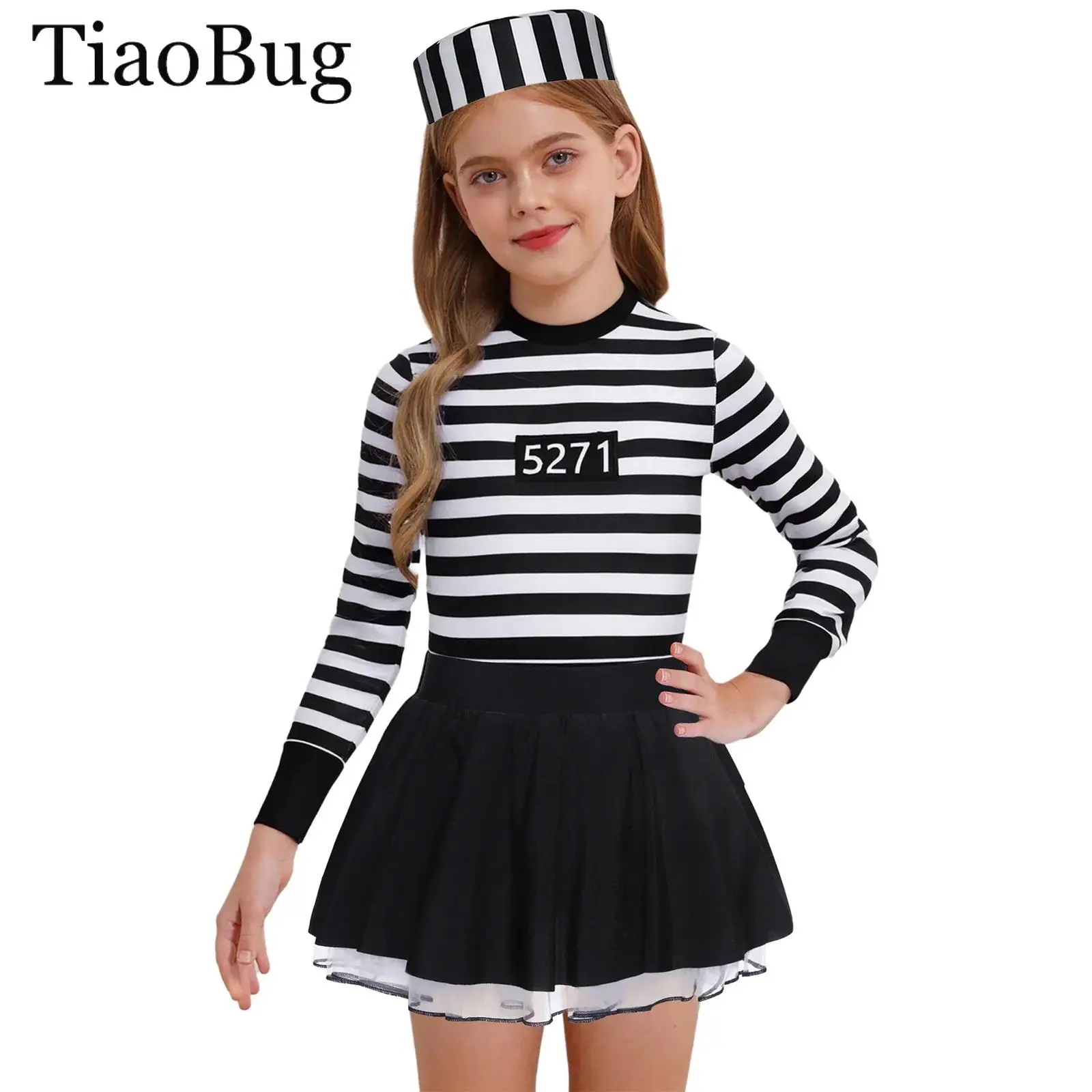 

Girls Halloween Cosplay Jailbird Inmate Costume Striped Puffy Prisoner Dress Long/Short Sleeve Ruffle Skirt Ballet Tutu Dress
