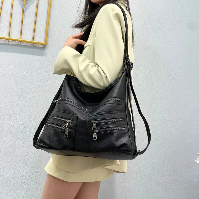 

Vintage shoulder bags with multiple pockets for women, luxury pu leather shoulder strap, retro bag for motorcycle