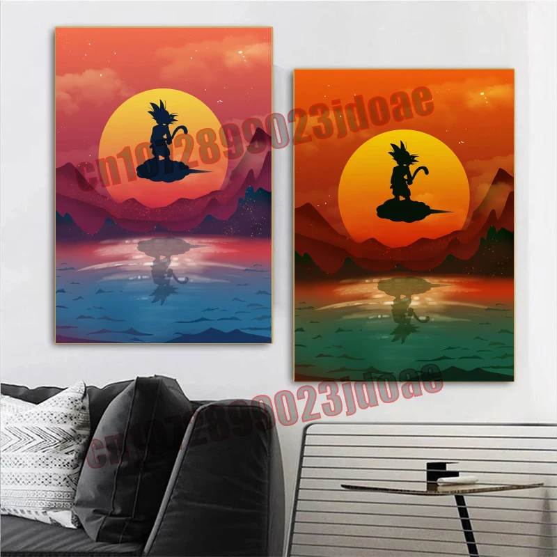 Anime Dragon Ball Goku Kakarot Vegeta puesta de sol figura costera silueta HD pintura en lienzo sin marco accesorios para el hogar el mejor regalo