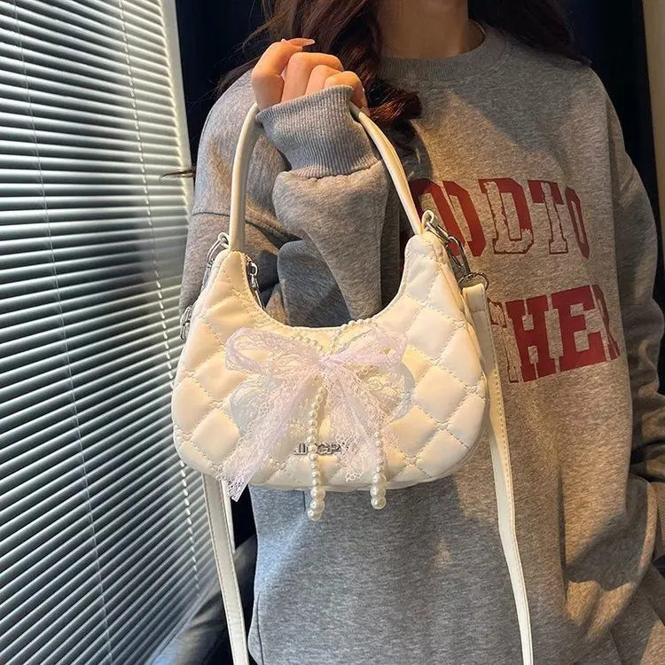 

JIAERDI Sweet Cute Bow Handbag Women Lace Stitching Quilted Large Capacity Shoulder Bag Ladies Pearl Luxury Design Crossbody Bag