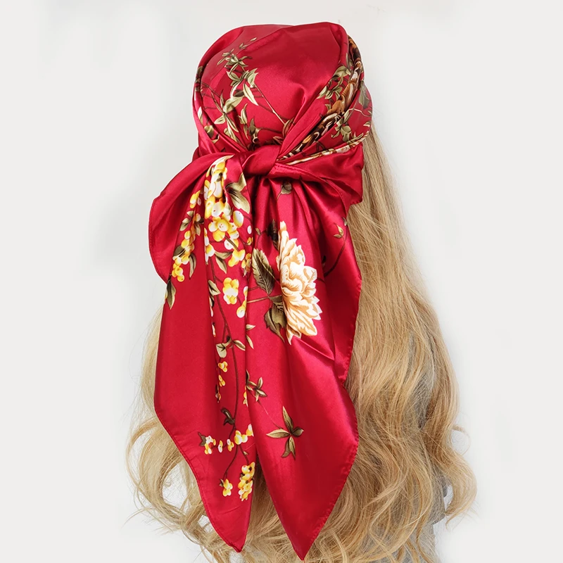 Silk Head Scarf Women Luxury Fashion Hair Scarve Beautiful Foulard Soft Satin Shawl Kerchief 90cm Square Neck Headscarf Bandana