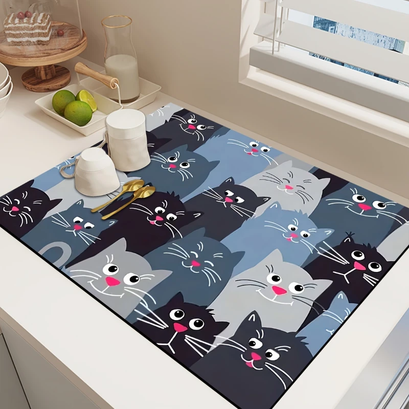 Bright Floral Cartoon Cats Fresh Layout Kitchen Drying Mat,Coffee Station Kitchen Counter Tabletop,Non Slip,Water Absorbent,Gift