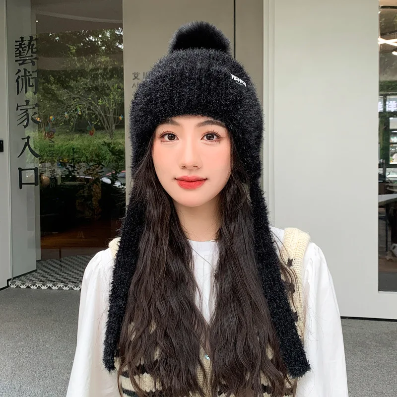 Hot Winter Hairball ear-protection Hat Thickened Windproof cold-resistant Woolen Hat Letter Patch Cloth Hairy pull-over Knit Hat