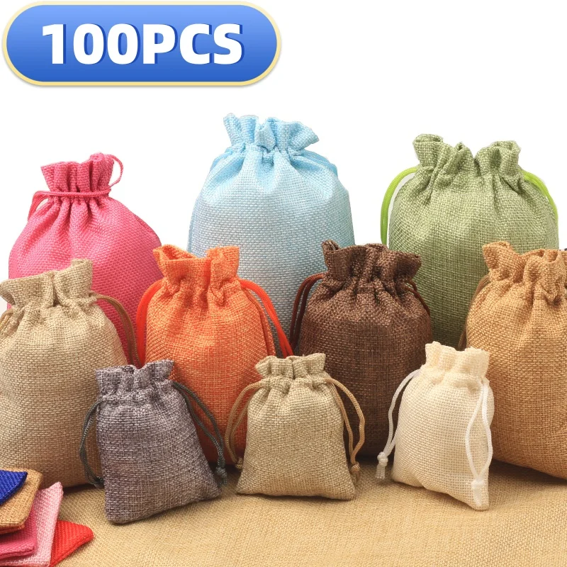 

100pcs Handmade Natural Burlap Cotton Linen Drawstring Gift Bags Favor Wedding Christmas Gift Bag Jewelry Packaging Bags&Pouches