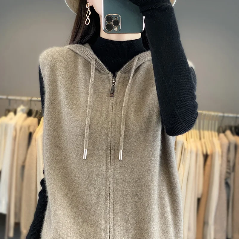 Fall/Winter new women's sweater 100% Merino wool round neck hooded cardigan Fashion warm bottom knit vest