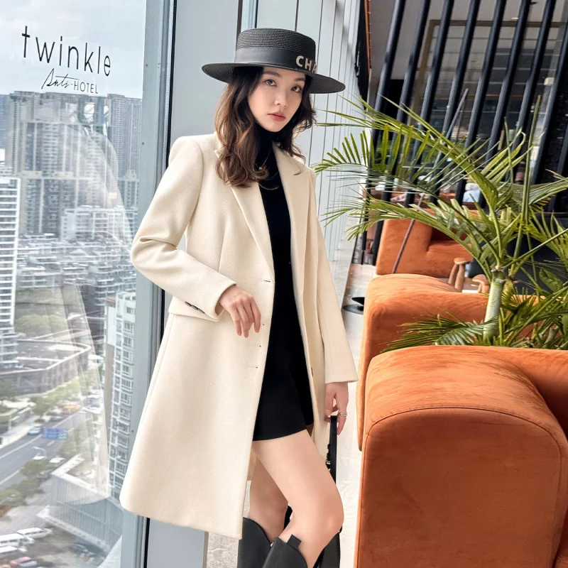 Casaco de lã feminino2025 outono inverno engrossado elegante estilo deusa profissional formal meados de comprimento trench casaco de lã